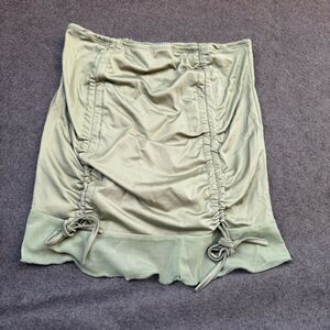 women Green Ruched Mini Skirt medium shiny silky falda lade trim pastel A5